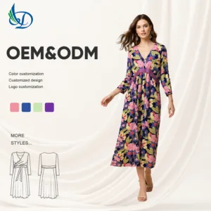 Latest Design Printed Gauze Evening Dresses Plus Size Party Dresses Women V-Neck Dress