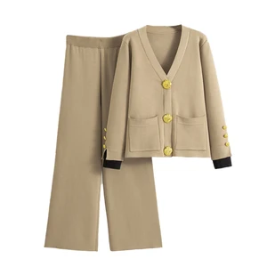 Spring Autumn Solid Color Cardigan Knit Set Elegant Casual V-Neck Knit Cardigan and Pants Set Knitted Two Piece Set for Women