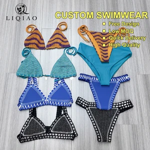 High Quality Women's Color-Block Three-Piece Halter Neck Thongs Beach Swimwear Custom Crochet Bikini Set Print Plain Dyed Fabric