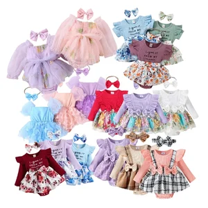 Toddler Rompers Gift Set 2pcs Floral Printed Plain Baby Bodysuits Playsuits Jumpsuit for Spring Season