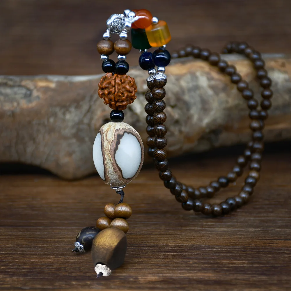 Handmade Nepal Buddhist Mala Wood Beads Necklaces Vintage Statement Ethnic  Horn Long Buddha Beads Necklace