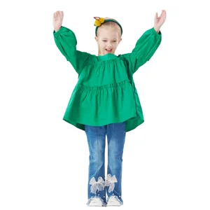 Girls Fashion Korean-Clothes Ruffled Princess Bottoming Long Sleeve Shirt Bell Bottoms Jeans 2 Piece Girls Clothing Sets