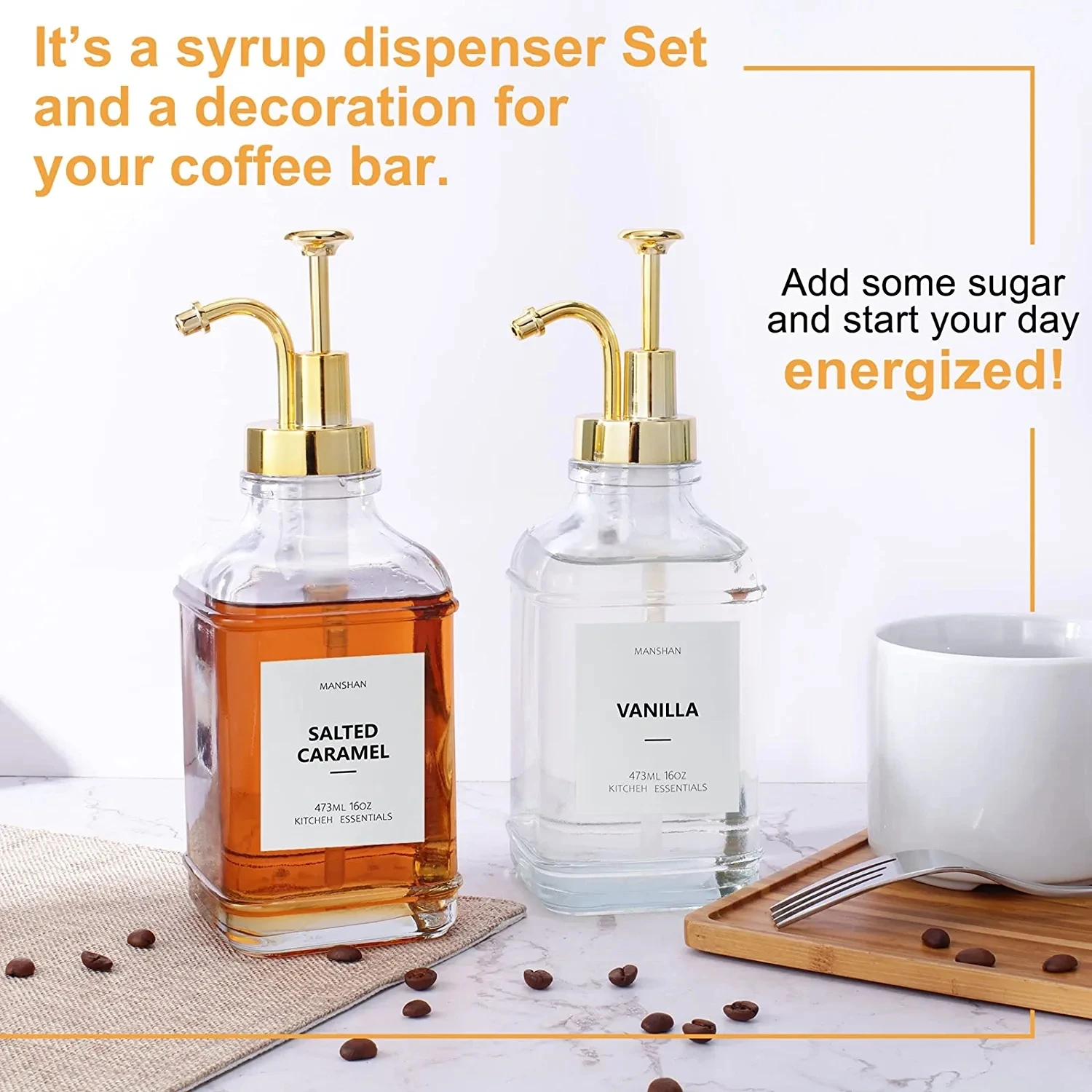Premium Syrup Dispenser Coffee Pump Dispenser Square Glass Syrup Bottle