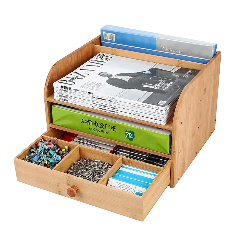 Custom Office Bamboo Desk Organizer Multi-use Storage Box With Drawer ...