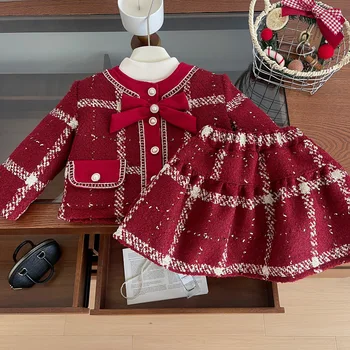 2024 Winter New Style Baby Girls' Clothing Set Plaid and Velvet Baby New Year's Clothing Red Small Fragrant Style Two-piece Set