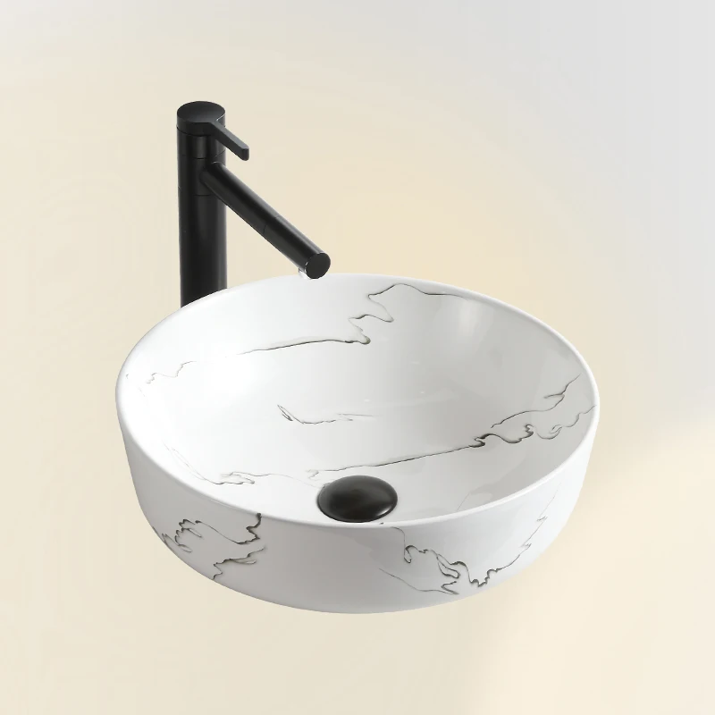 Marble Pattern Round Wash Basin Bathroom Ceramic Vessel Sink Bowl Countertop Lavatory Sink