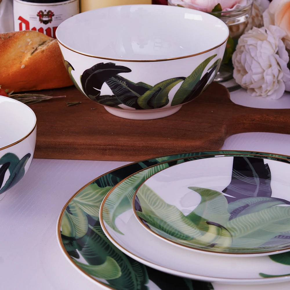 Bone China Dinnerware 4Pcs Plate Set Green Banana Leaves Ceramic Tableware Wedding Charger Plate for Event&Catering