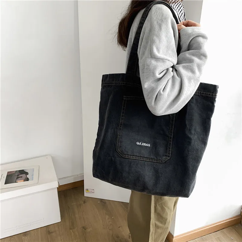 Wholesale Ladies Casual Large Denim Shopping Tote Bags Custom Women Denim Shopper Bags