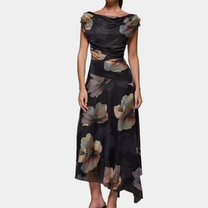 Wisrise Fashion Manufacturer Custom Women's Black Floral Mesh Asymmetrical Draped Cowl Neck Party Style Midi Dress