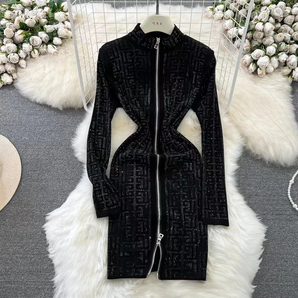 Hot Sale Rhinestones Long Sleeve Dress F Pattern Dress