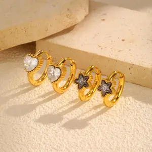 Delicate Ladies Stainless Steel 18k Gold Diamond Earrings Five-pointed Star Shaped Heart Hoop Earrings