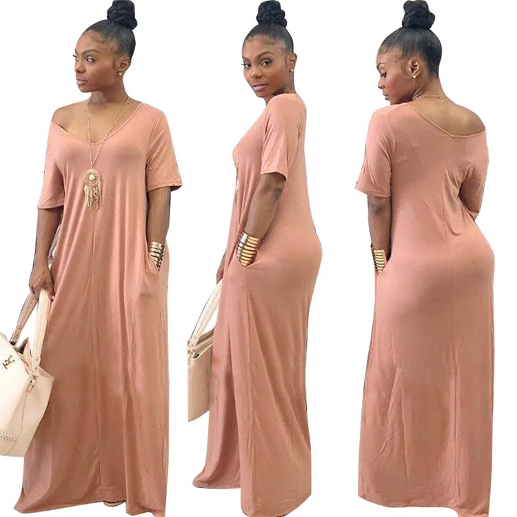 Free Sample Drop Shipping Sexy Fashion Solid Color V Neck Woman Solid Casual Loose Long Maxi Dress