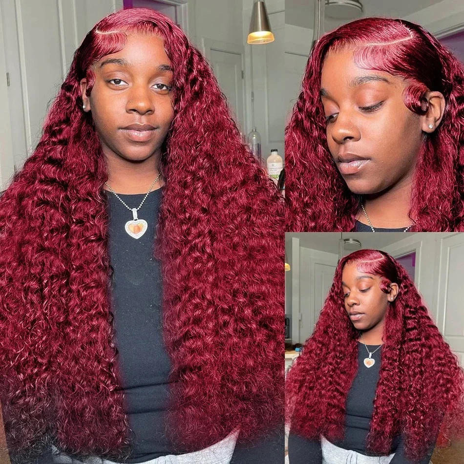 Parrucca frontale in pizzo HD riccia profonda bordeaux 99J 13x4 13x6, parrucche per capelli umani con onde profonde colorate rosse_voghion.com
