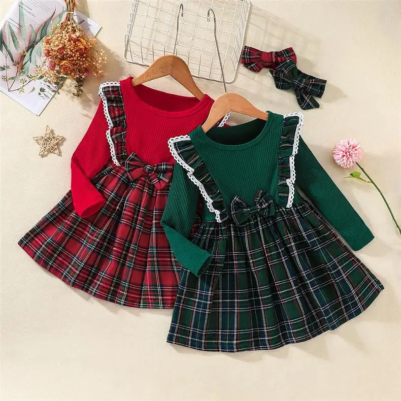 Baby Plaid Dress with Ruffles Check Fabric Bow HeadBand with Tartan Dress  2pcs Set for Christmas Dress for Children Girls