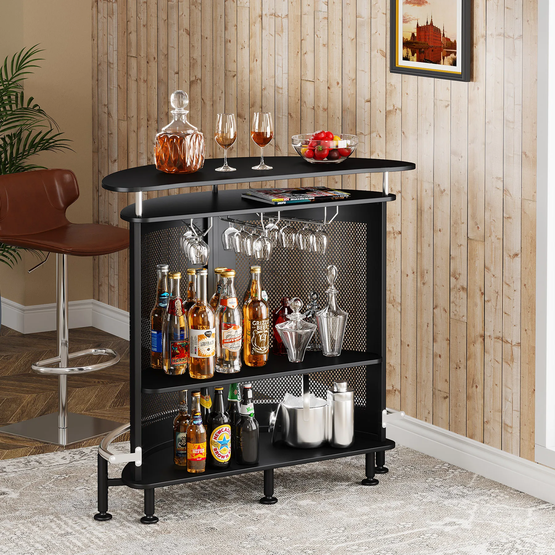 Tribesigns Black Home Bar Unit 4-tier Liquor Bar Table Metal Wine Bar ...