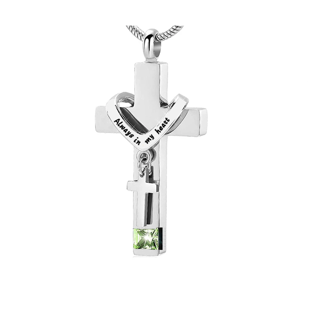 Cross With Birthstone Urn Necklaces for Ashes Stainless Steel Memorial Cremation Pendant Jewelry Keepsake for Human or Pet Gift