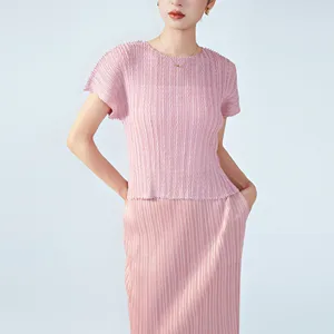 Miyake Women's Short Sleeve T-shirt Chic Solid Color Pleated Summer Top