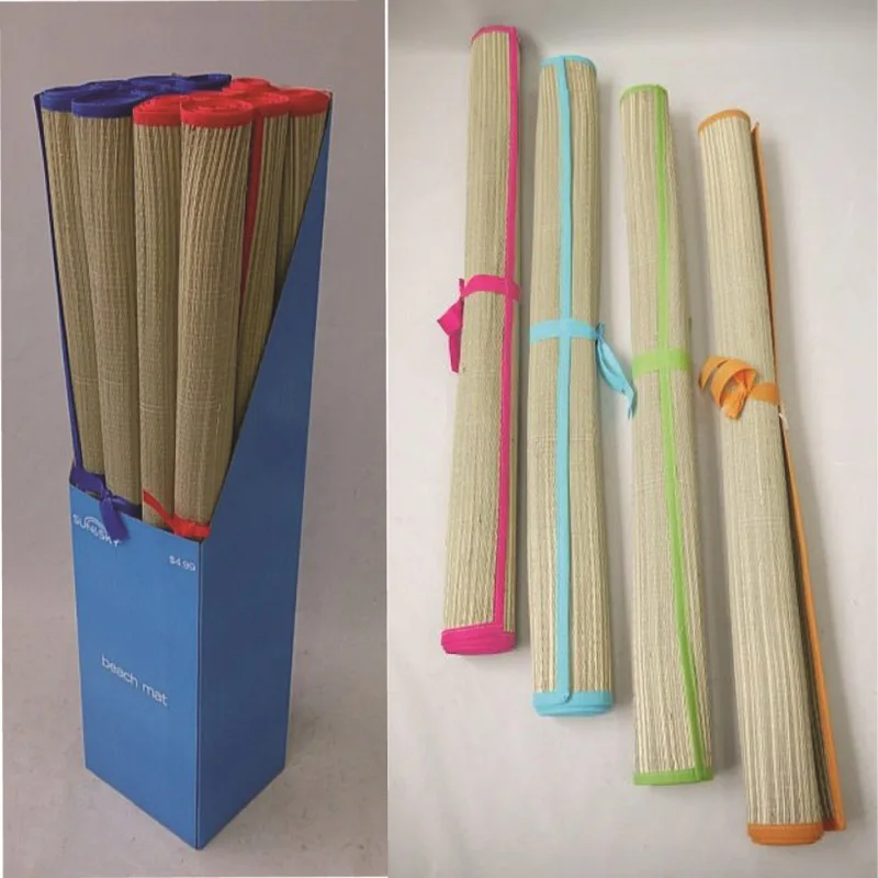 Straw Beach Mat Waterproof Non Slip Straw Mat Foldable Lightweight Picnic Mat with Blue Trim for Camping Sunbathing Picnic Yoga