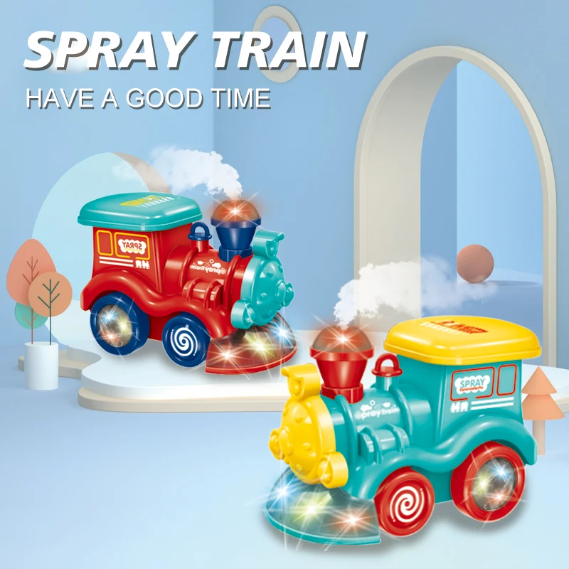 Battery Operated Bump & Go Action Train Toys With Flashing Light Music and Spray Electric Train Toy for Kids