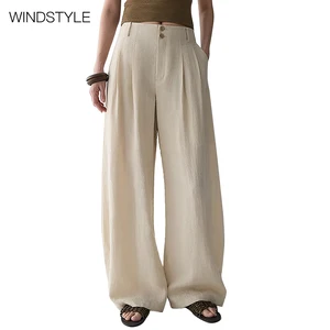 OEM/ODM Women's Formal Linen Cotton Waist-Free Pleated Design Suit Pants Loose Curved Wide Leg Pants