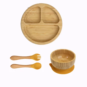 Custom Logo Wood Baby Dish Eating Feeding Spoon Fork Tableware Set Bamboo Bowl and Divided Suction Plates for Kids Toddler