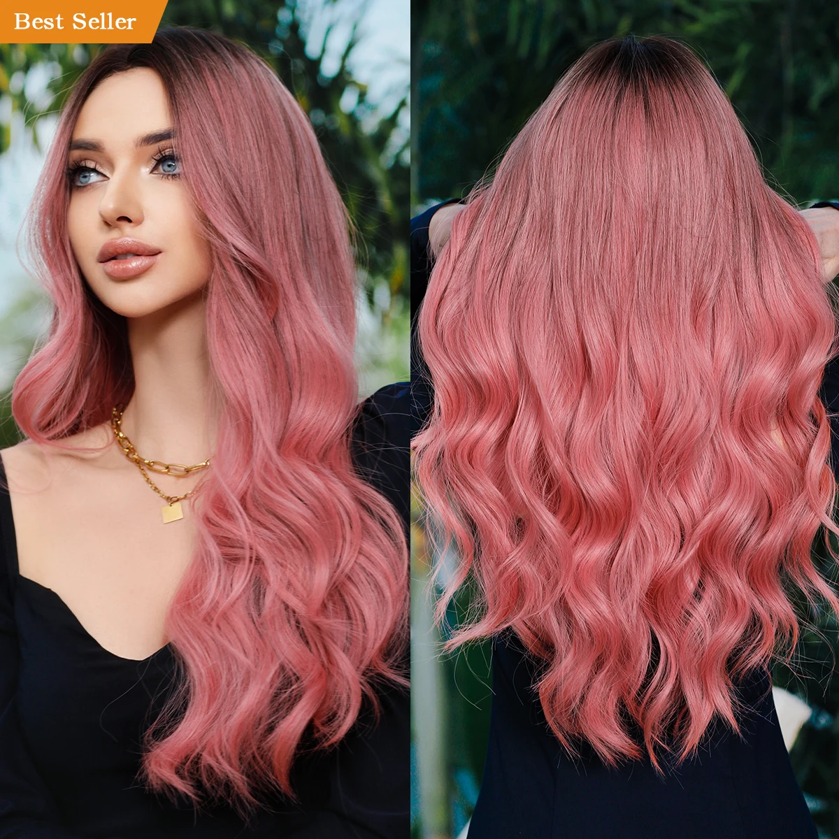 Dusty Rose | Pale Pink Long Wavy Synthetic Lace Front Wig | Clearance