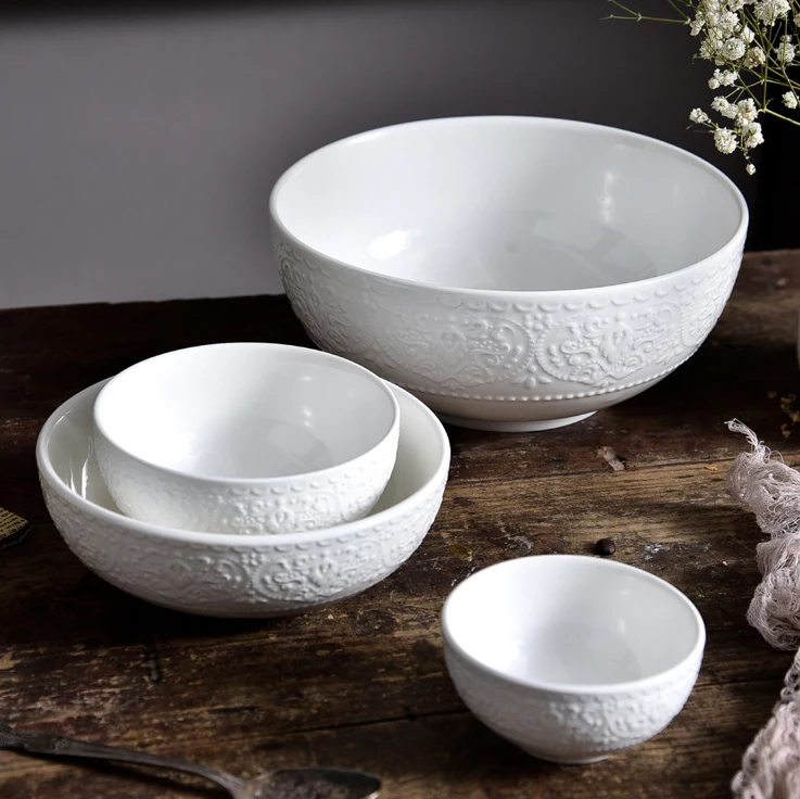 Restaurant Personalized Logo Porcelain Carving Pizza Plates Wide Rim Pasta  Bowl Ceramic Dinner Plate Wholesale