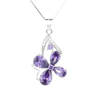 S925 Flower Sterling Silver Necklace Fashionable Women's Jewelry with Exquisite Butterfly Amethyst Pendant