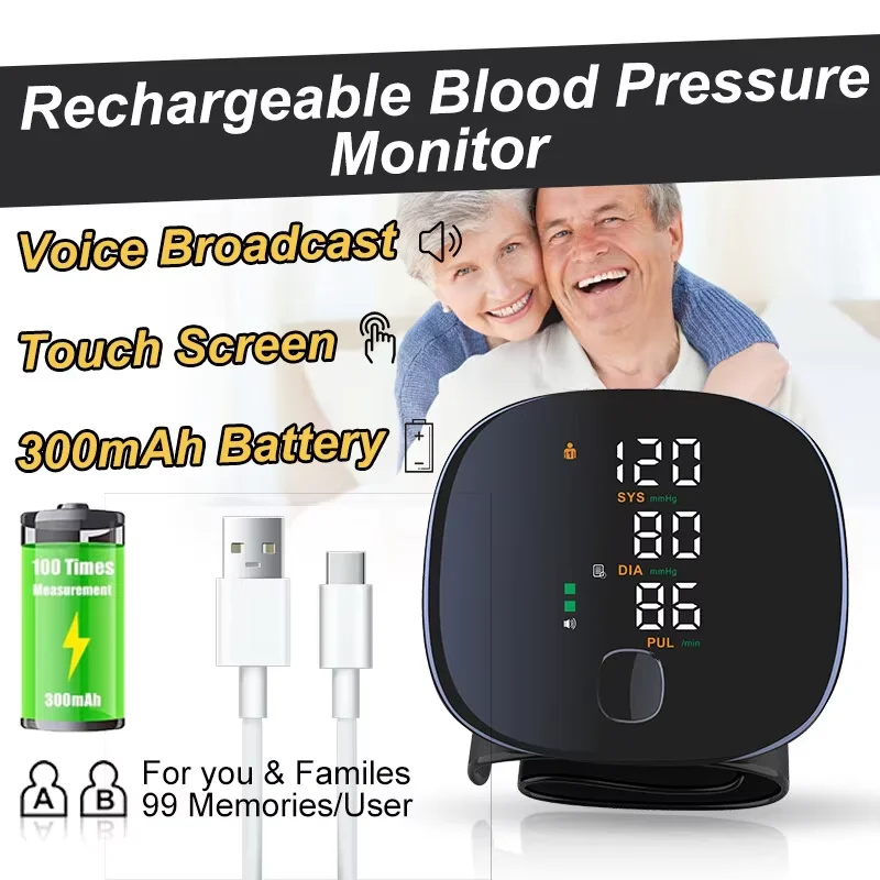 Automatic Electric Wrist Blood Pressure Monitor with Touchscreen LED Display Accurate Memory Function for Home Use