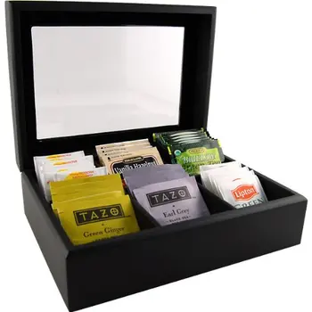 Adjustable Compartments Square Bamboo Wooden Tea Bags Storage Organizer Tea Chest Box  with Transparent Hinged Lid