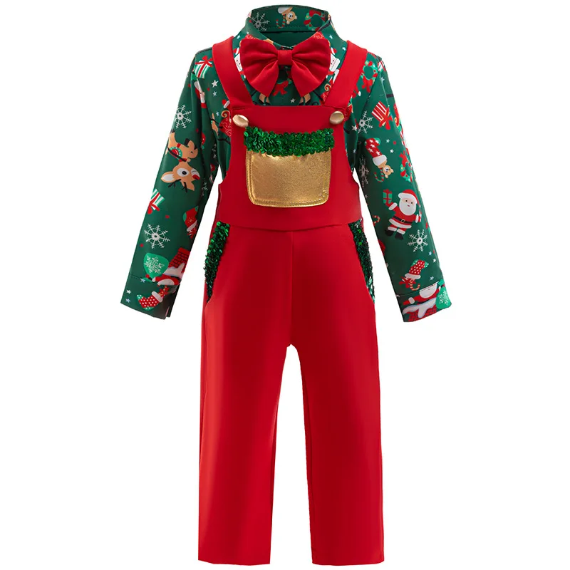 3 PCS Santa Claus Plaid Shirt Green Pants Party Outfits Kids Children Fancy  Christmas Elf Formal Gentleman Suit Costume for Boys