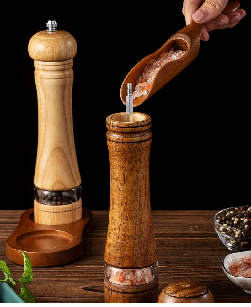 Modern 2 in 1 Salt Pepper Mill Grinder Adjustable Coarseness Wooden Manual Salt and Pepper Grinder Set