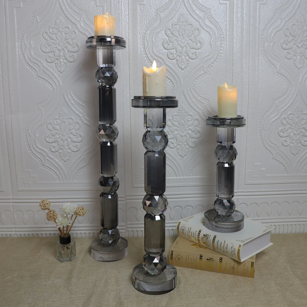 Wholesale tall crystal pillar decor clear gray glass candle holders details