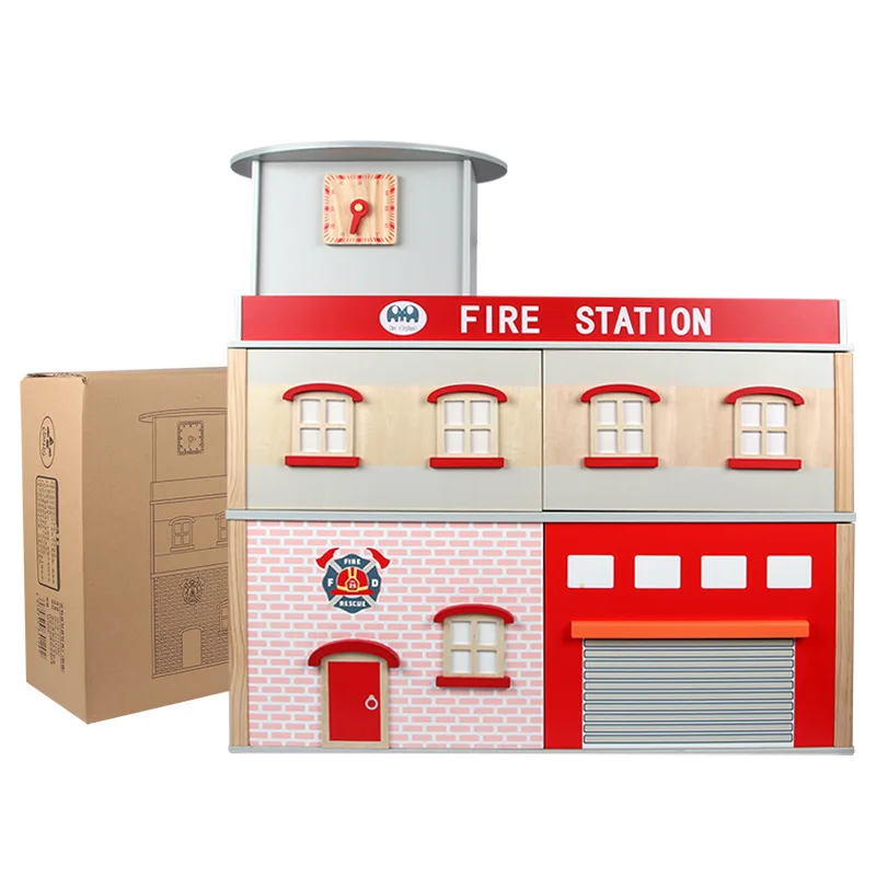 Wooden Simulation Fire Station Set Children‘s Role Play Doll House Toys Puzzle Parent-Child Interactive Creative Gift