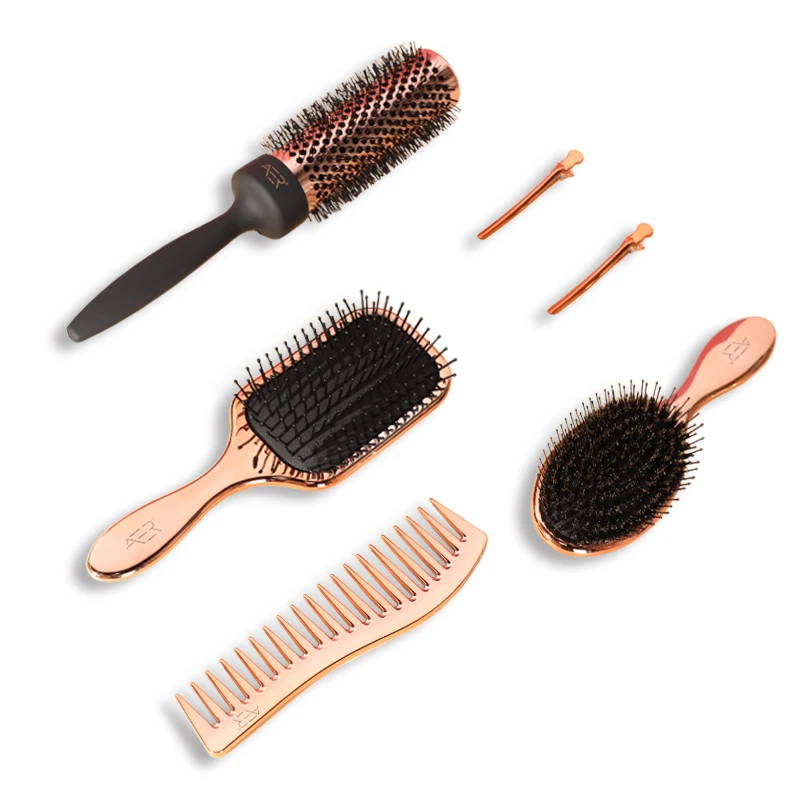 Rose Gold 5 in 1 Packing Colorful Boar Paddle Brush Ceramic Detangling Hairbrush Hair Extension Brush With Clip and Comb Set