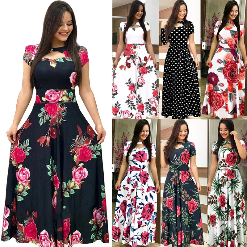 Bohemia Flower Print Women Dress Hollow Out Maxi Dresses Fashion Boho ...