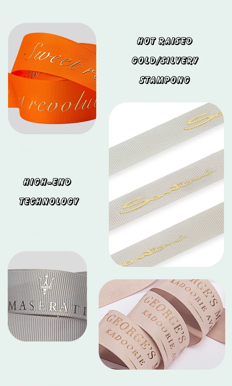 Customized Luxury 3d Relief Embossed Printed Soft Grosgrain Ribbon With
