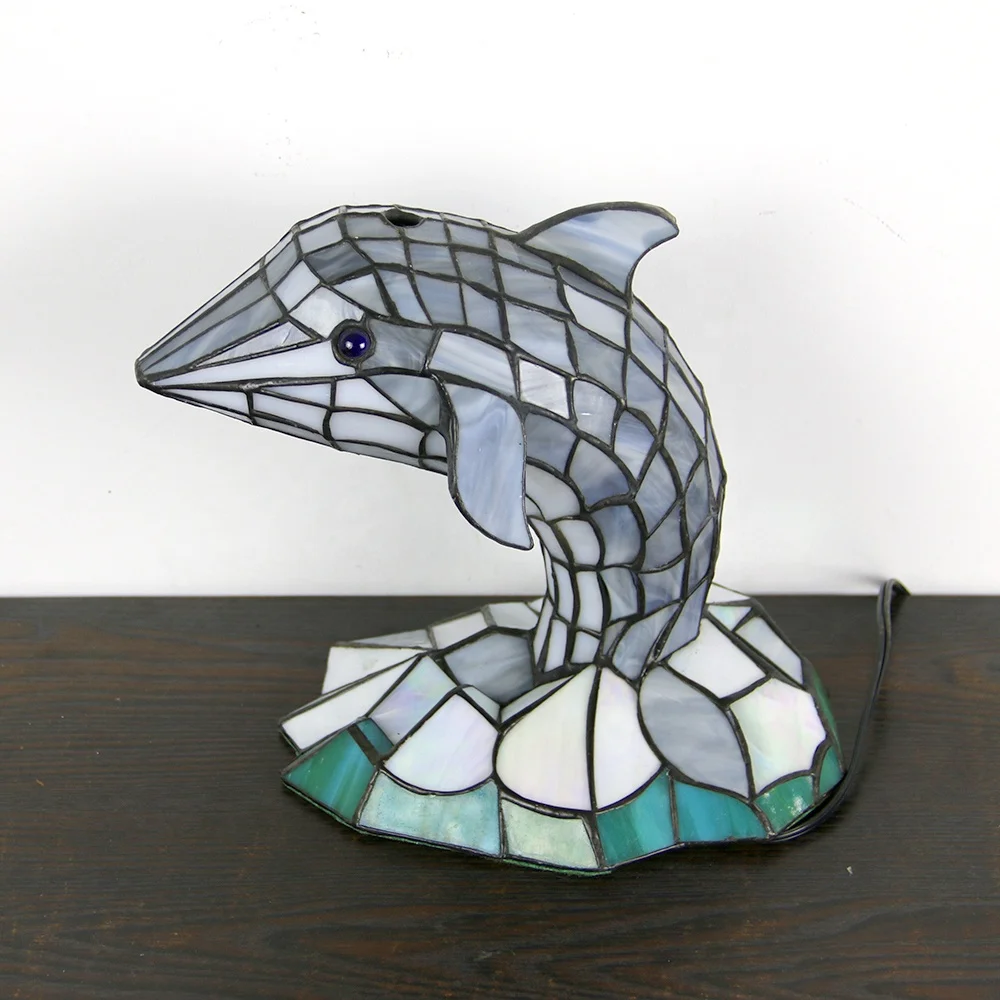 LongHuiJing Antique Stained Glass Dolphin Pattern Lampshade Tiffany Lamp for Hotel Decoration