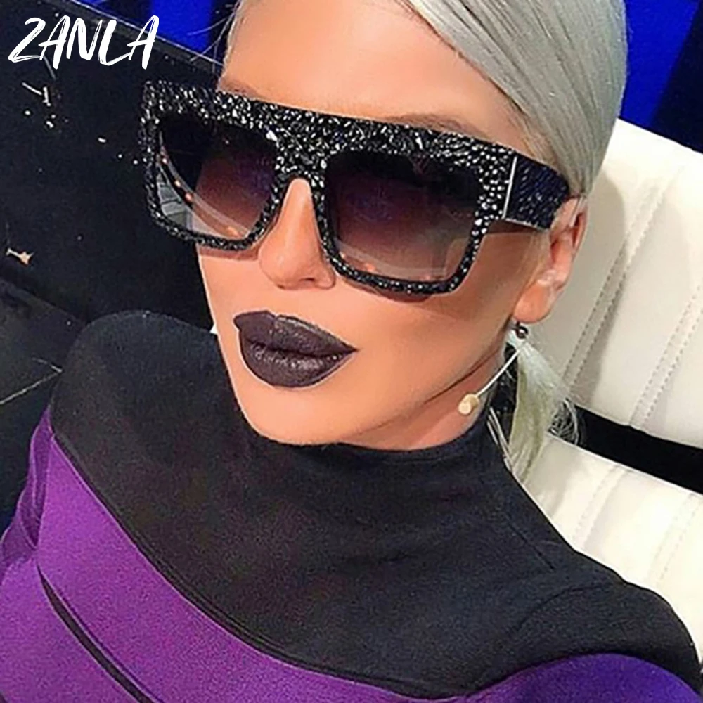 Trendy Crystal Flat Top Sunglasses Women 2023 New Oversized Square Sun  Glasses Luxury Brand Designer Shiny Diamond Shades Female
