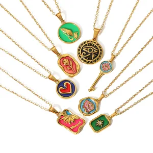 OEM Customized Stainless Steel Necklace Vintage 18K Gold Plated Enameled Heart Rose Eye Star Pendant Zircon Jewelry for Women