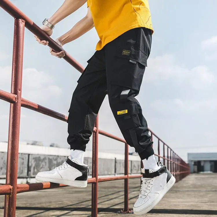 New Joggers Cargo Pants for Men - Casual Hip-Hop Streetwear with Pockets and Ribbons