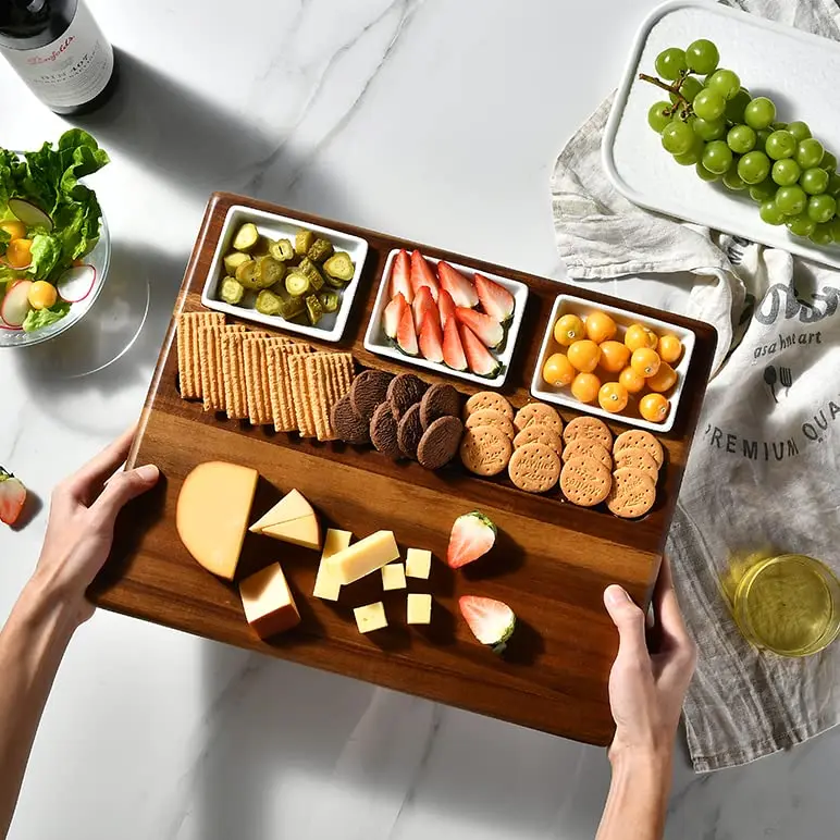 product advanced elegant party kitchen tableware set acacia wood charcoal cheese board 3 removable bamboo ceramic bowls cutting board-8