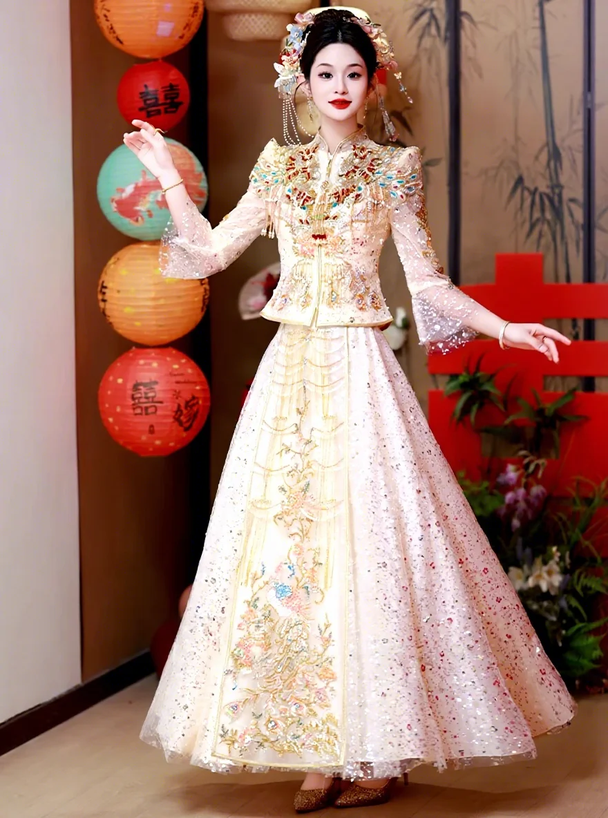 S4151L New Chinese-style Engagement Banquet Southeast Asian Style Long  Train Evening Dress High-end Wedding Gown