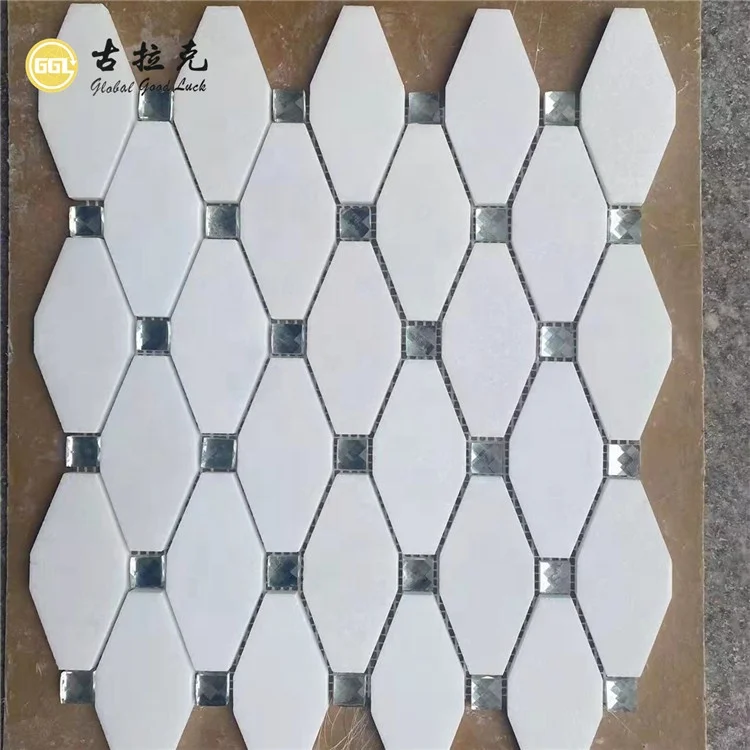 Nature Thassos White Marble With Crystal Glass Long Hexagon Pattern Wall Decoration Mosaic Tiles