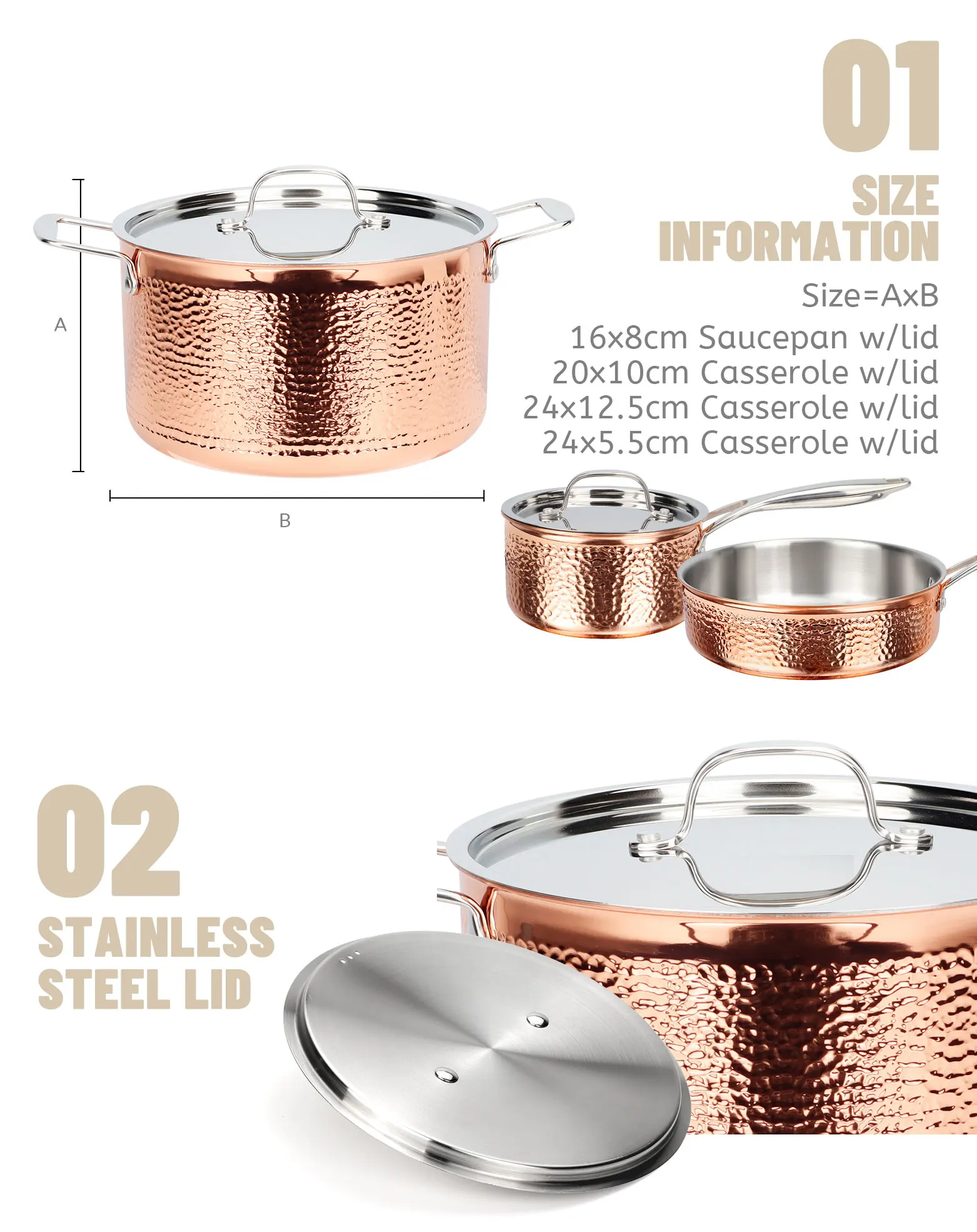 Factory Customized 7 Pcs Copper Cooking Set Stainless Steel Cookware