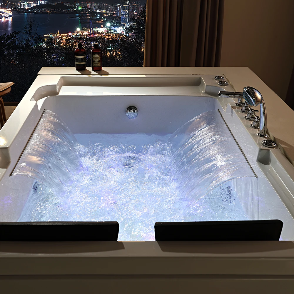 Two-Pillar Freestanding Rectangular White Acrylic Bathtub Stylish Design Bathroom Massage Bathtub