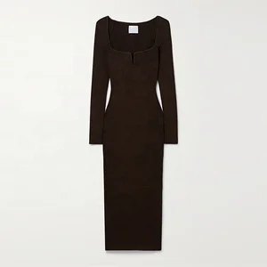 Knitwear Manufacturer Custom Spring Autumn Brown Square Neck Long Sleeve Elegant Casual Ribbed Knit Women Sweater Dress