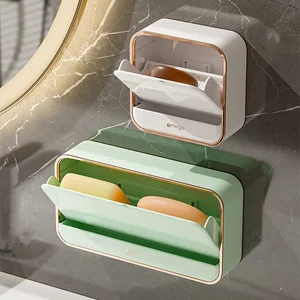 Modern Style Plastic Wall-Mounted ,No-Drill Plastic Soap Dish Holder with Drainage and Lid for Home Bathroom