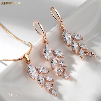 Fashion Cubic Zirconia Women Crystal Gold Silver Plated Leaf Pendants Bridal Necklace Earrings Jewelry Sets