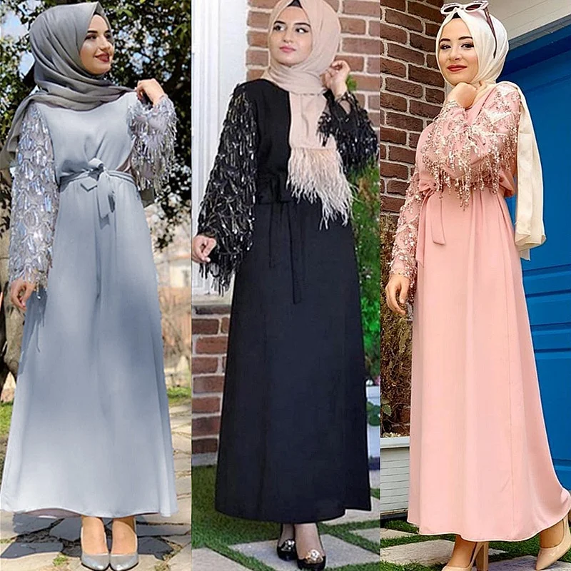 Femmes musulmanes en velours abaya caftan Jilbab à manches longues maxi robe moulante Slim Robe 